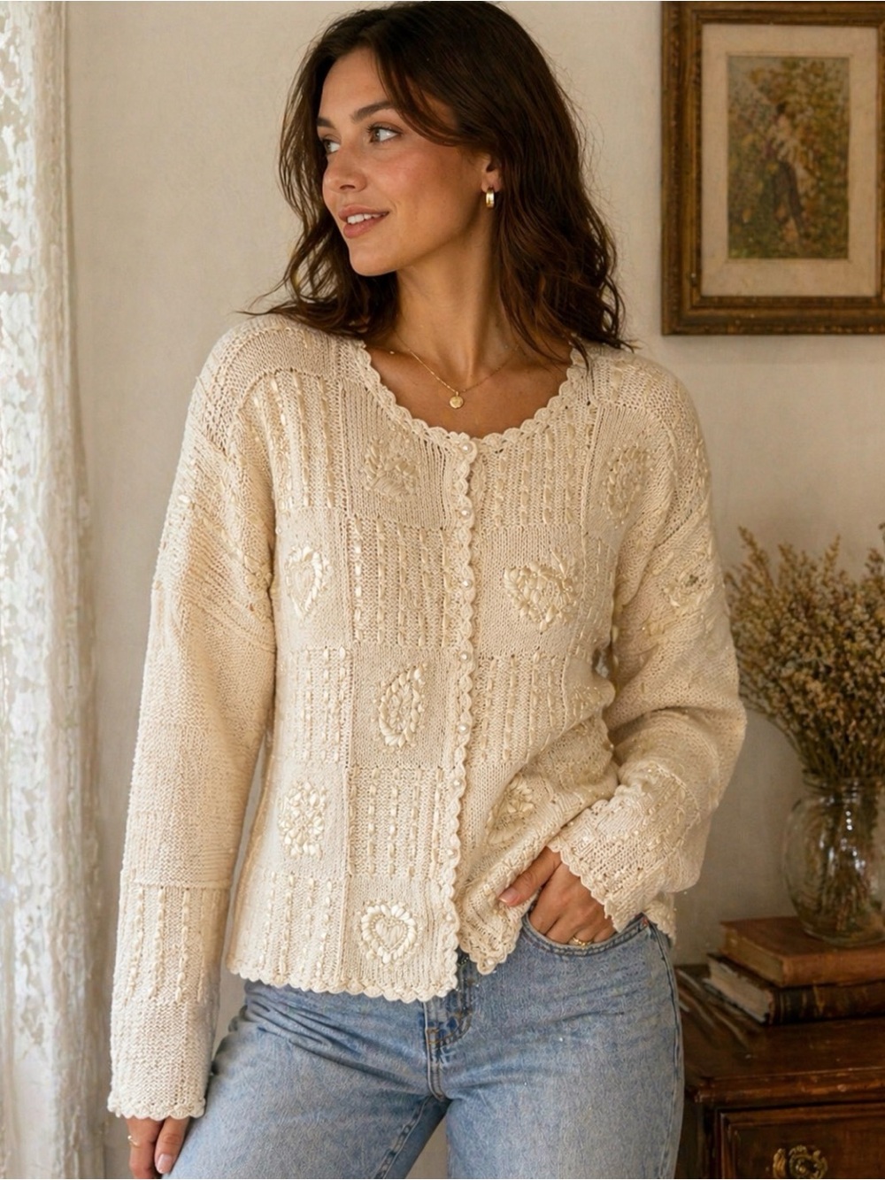Vintage Ivory Embellished Knit Cardigan Sweater plus size 20 3D style